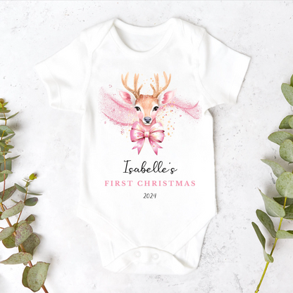 Personalised Pink Reindeer Christmas Sleepsuit