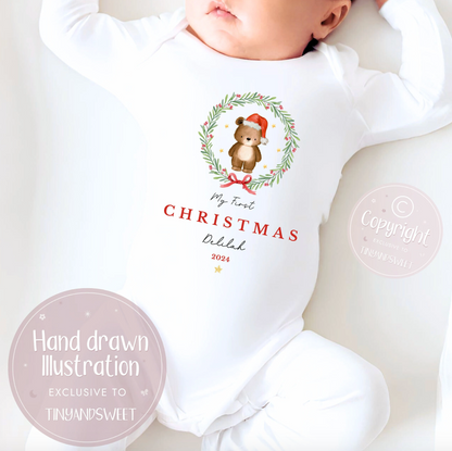 Personalised Bear Wreath Sleepsuit