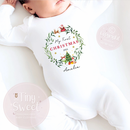Personalised Classic Christmas Wreath Sleepsuit
