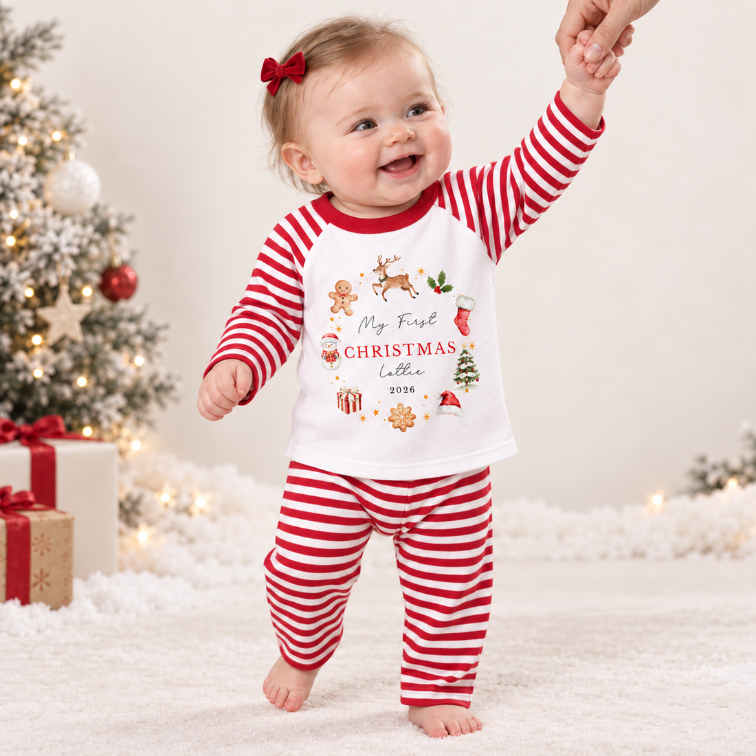 Personalised First Christmas Reindeer Wreath Red Pyjamas