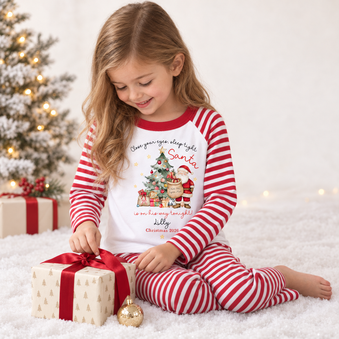 Personalised Close Your Eyes, Sleep Tight Christmas Red Pyjamas