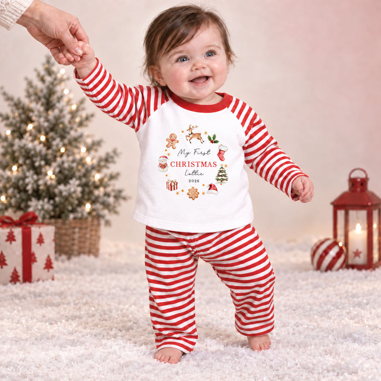 Personalised First Christmas Reindeer Wreath Red Pyjamas