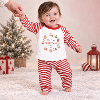 Personalised First Christmas Reindeer Wreath Red Pyjamas