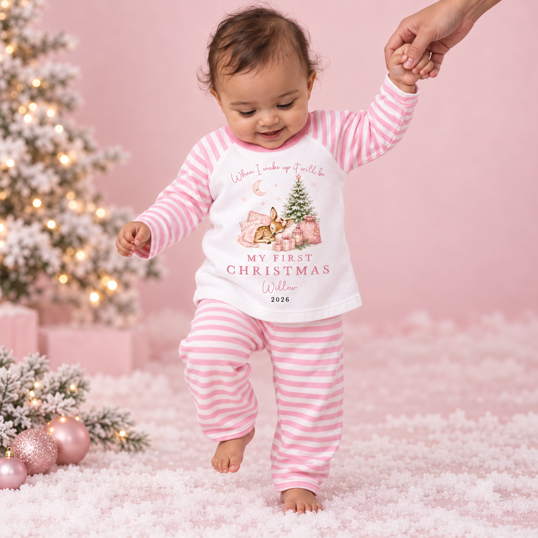 Personalised Sleeping Deer Christmas Pink or Blue Pyjamas