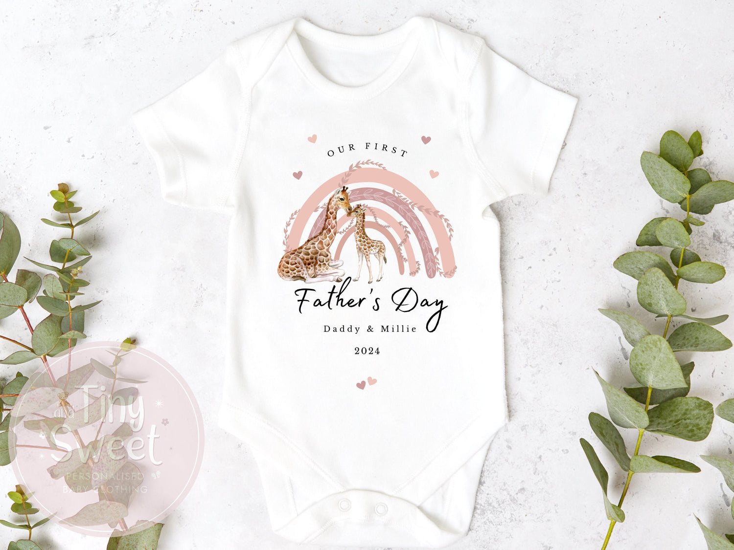 Fathers Day Blush Giraffe Rainbow Personalised Sleepsuit/Babygrow