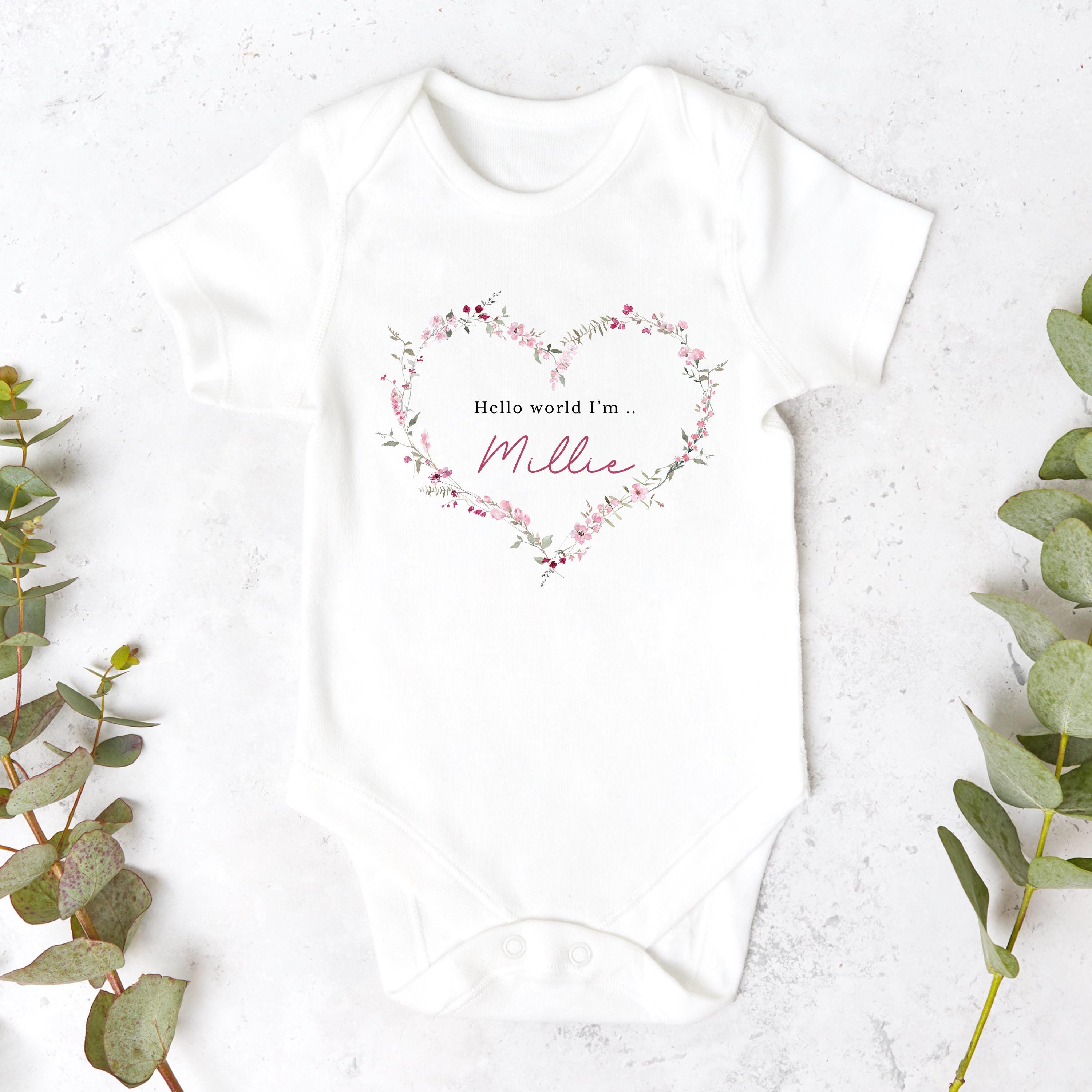 Personalised Hello World Baby Sleepsuit, Newborn Coming Home Outfit, Baby Name Reveal Sleepsuit, Baby Name &amp; Birth Announcement