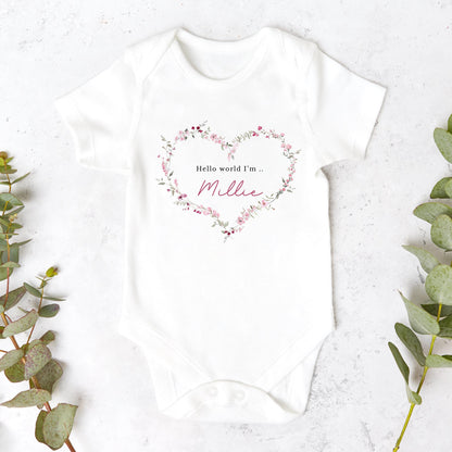 Personalised Hello World Baby Sleepsuit, Newborn Coming Home Outfit, Baby Name Reveal Sleepsuit, Baby Name &amp; Birth Announcement