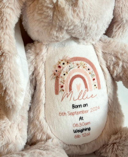 Personalised New Baby Gift, Beige New Baby Soft Toy, New baby gift, Newborn Gift, Baby Keepsake, Baby shower gift, Birth stats, Teddy, Bunny