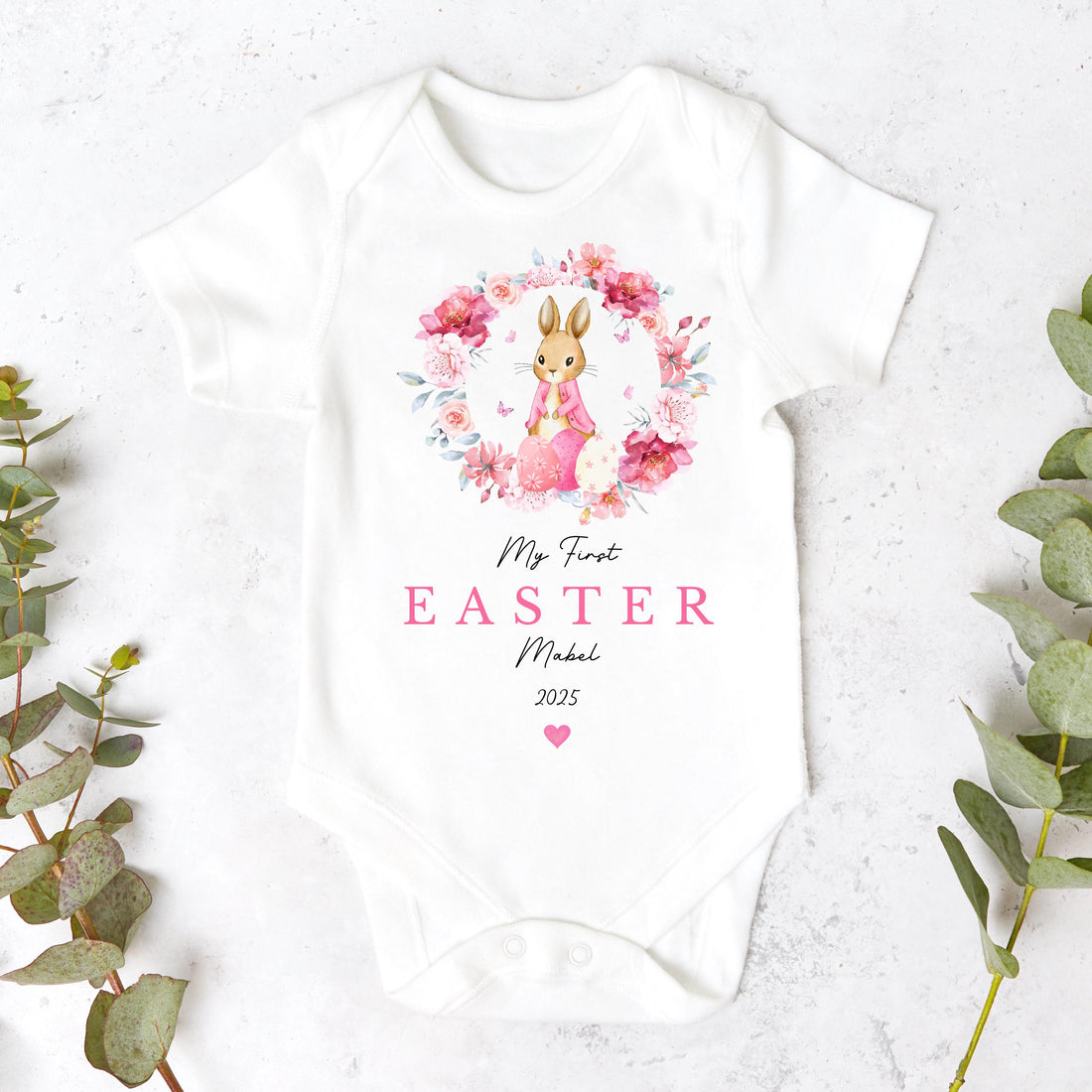 Pink Floral Wreath My First Easter Personalised Sleepsuit/Babygrow