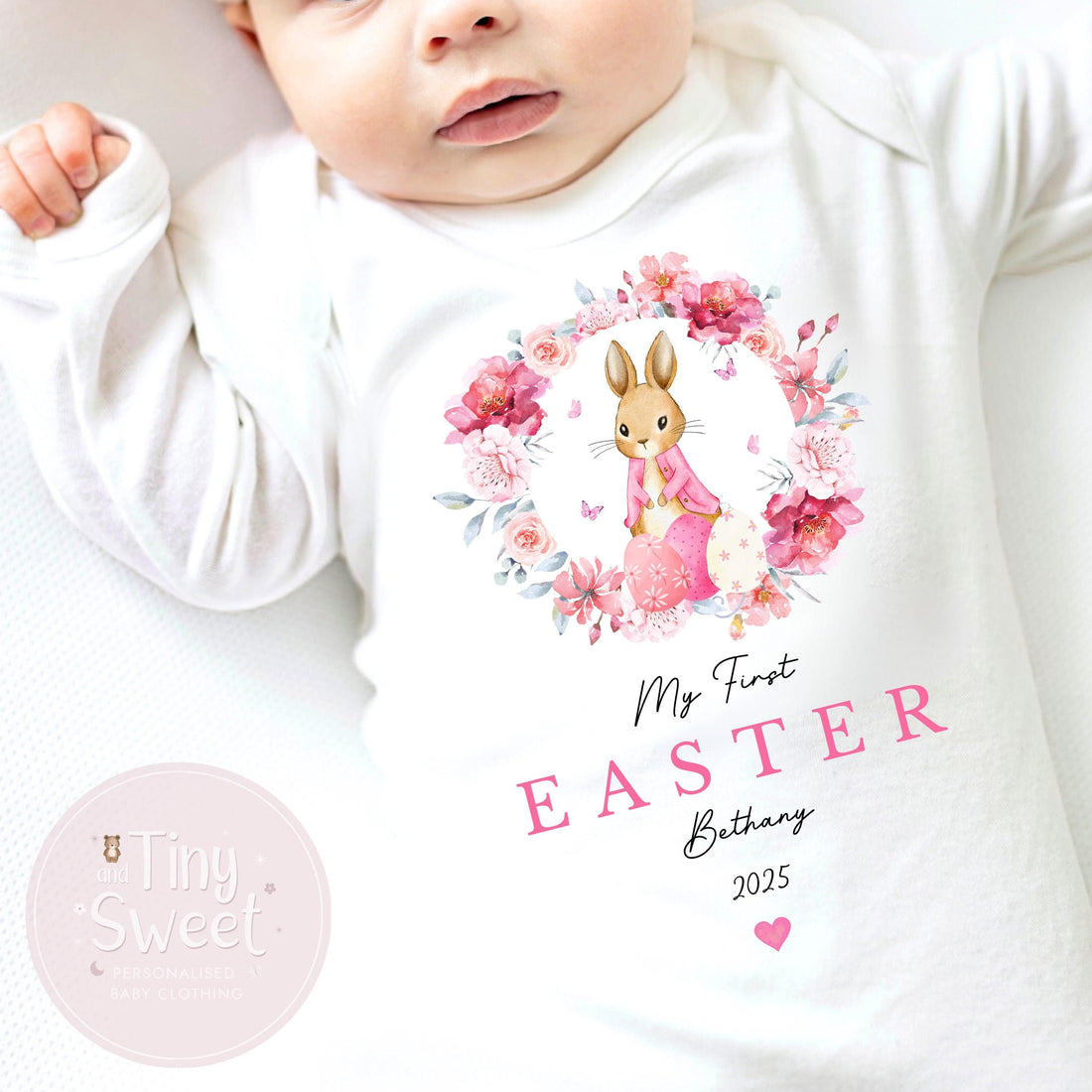 Pink Floral Wreath My First Easter Personalised Sleepsuit/Babygrow