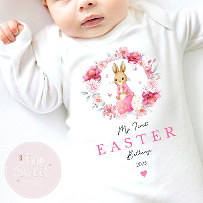 Pink Floral Wreath My First Easter Personalised Sleepsuit/Babygrow