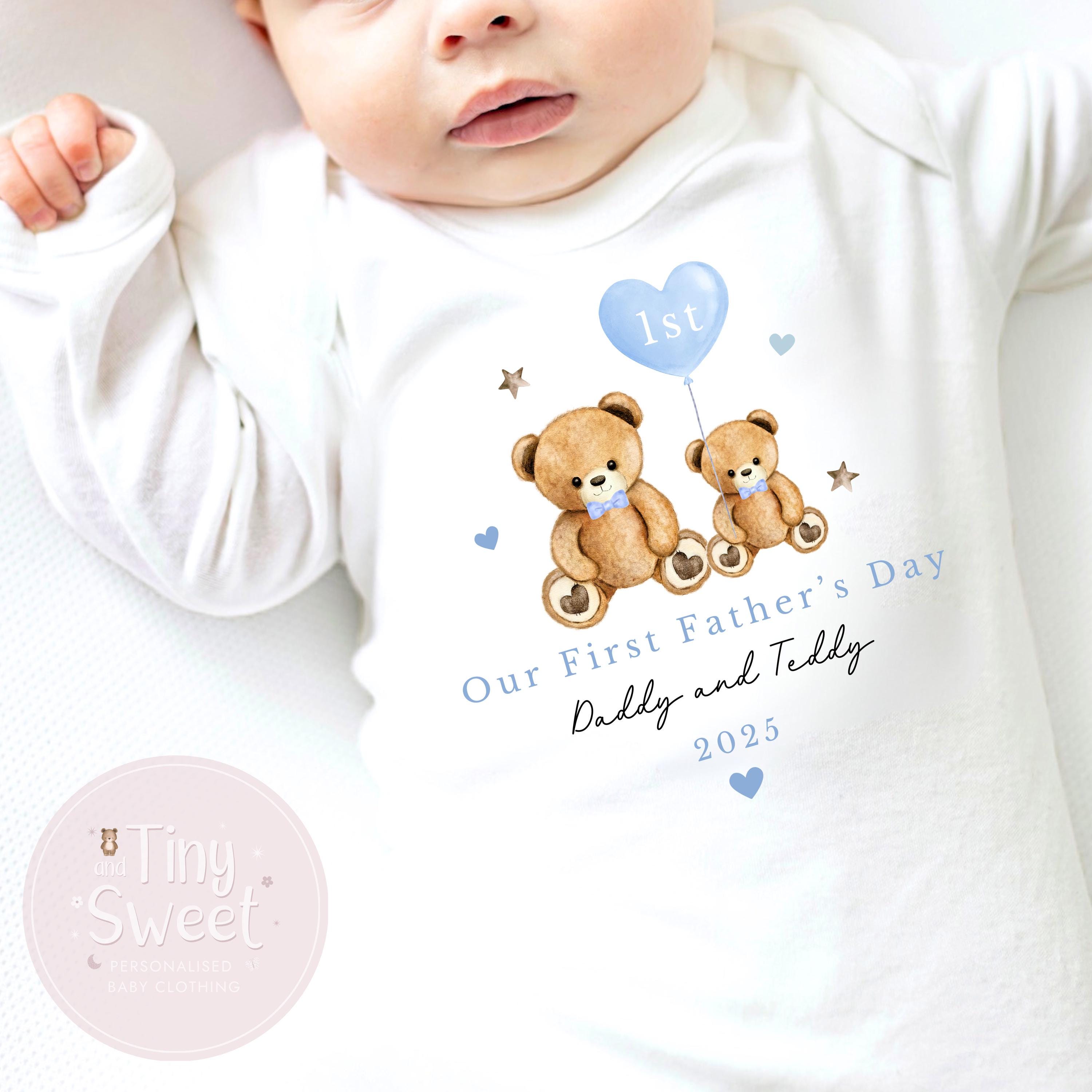 Blue Two Teddy Bears Personalised First Fathers Day Sleepsuit