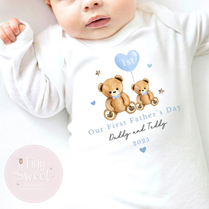 Blue Two Teddy Bears Personalised First Fathers Day Sleepsuit