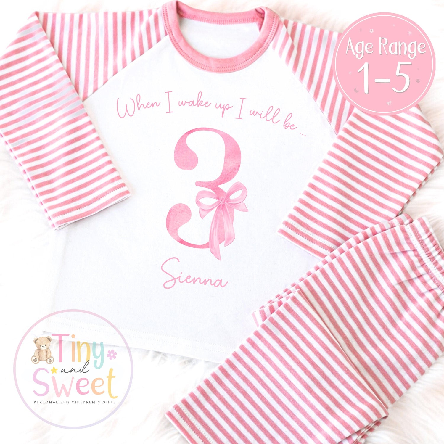Personalised Birthday Pyjamas for Toddler Girls - Cute Pink Bow PJs with Custom Age Design