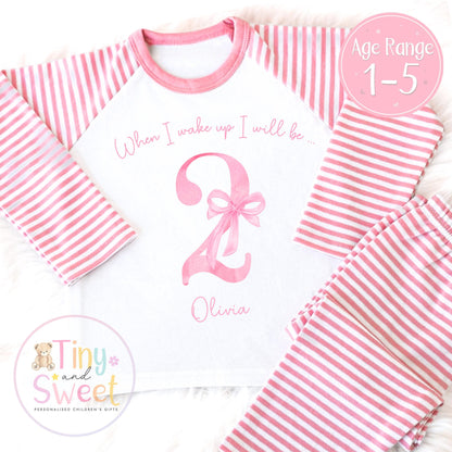 Personalised Birthday Pyjamas for Toddler Girls - Cute Pink Bow PJs with Custom Age Design