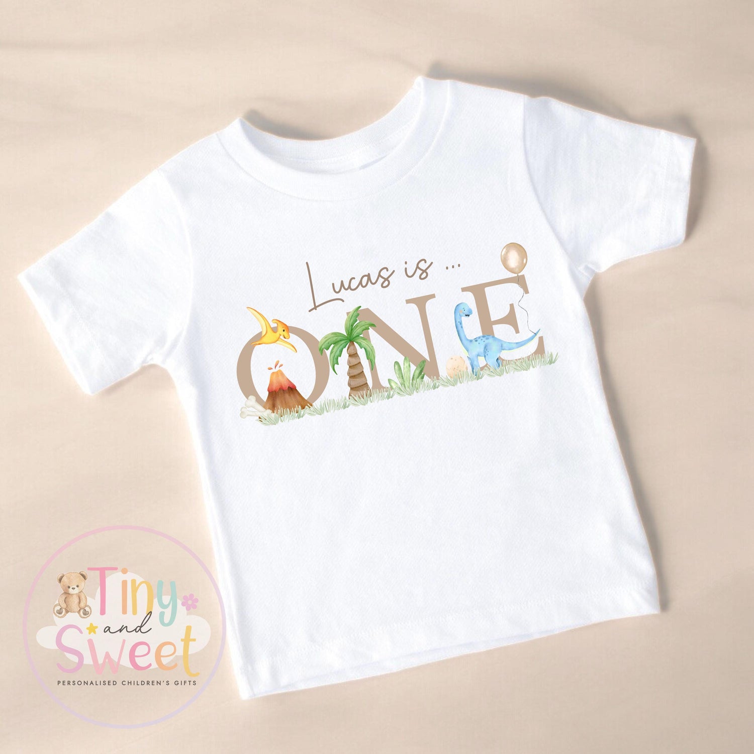 Personalised Dinosaur Beige Birthday T-shirt, 1st Birthday T Shirt, Dinosaur 2nd Birthday T Shirt, 3rd Birthday, Dinosaur Birthday