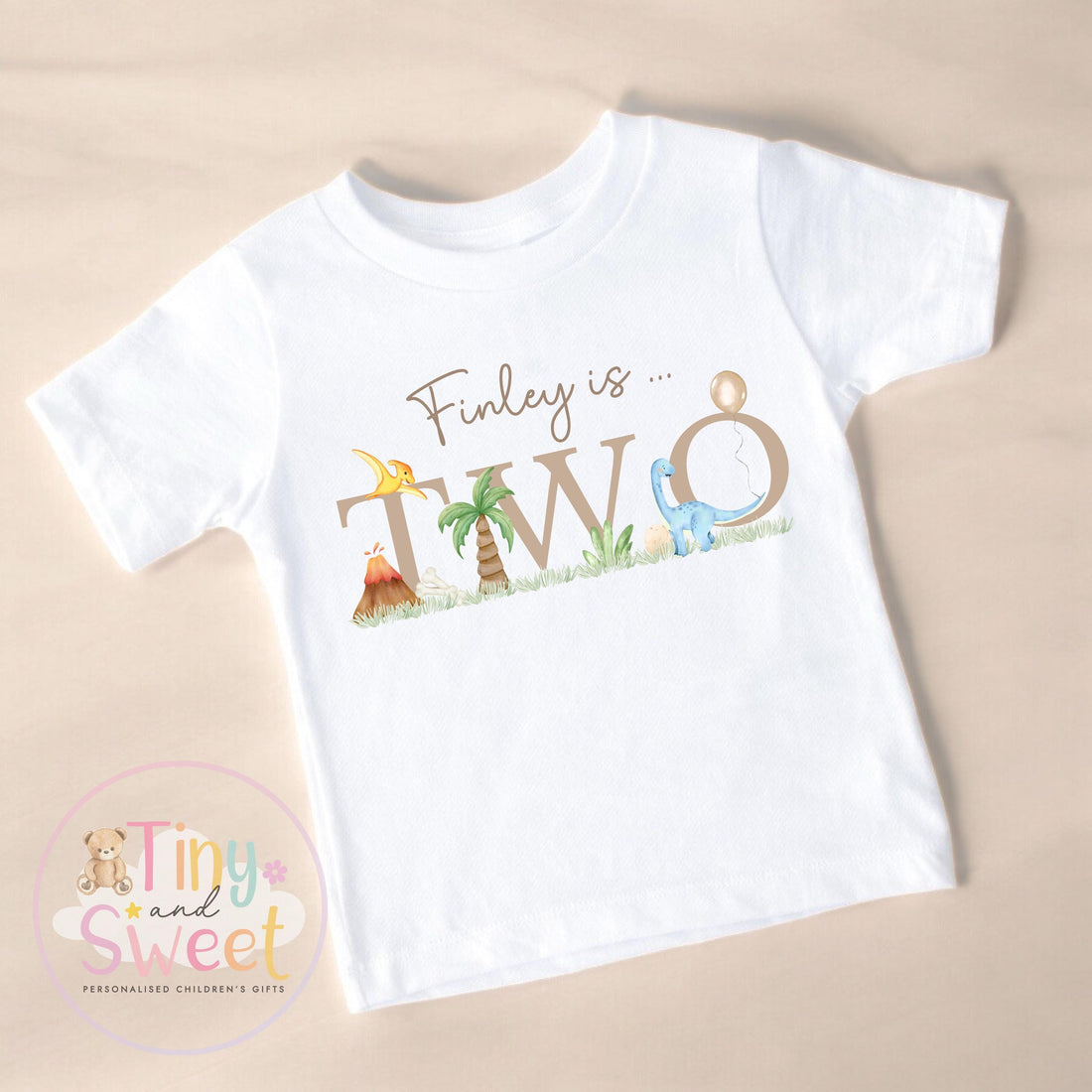 Personalised Dinosaur Beige Birthday T-shirt, 1st Birthday T Shirt, Dinosaur 2nd Birthday T Shirt, 3rd Birthday, Dinosaur Birthday