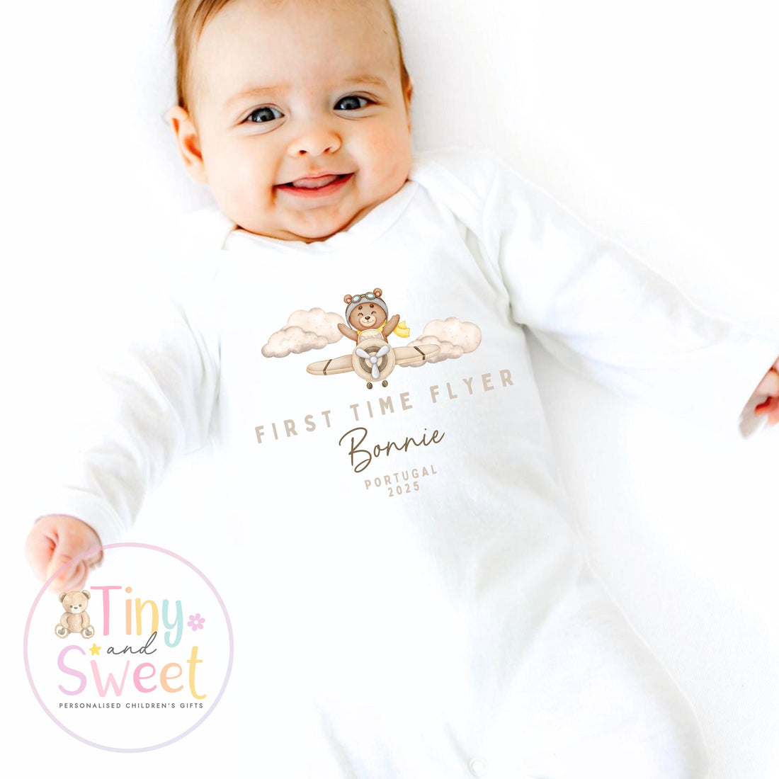 Personalised My First Flight Sleepsuit, First Time Flyer Bodysuit, 1st Holiday Babygrow, Babies First Holiday, First Time Flyer
