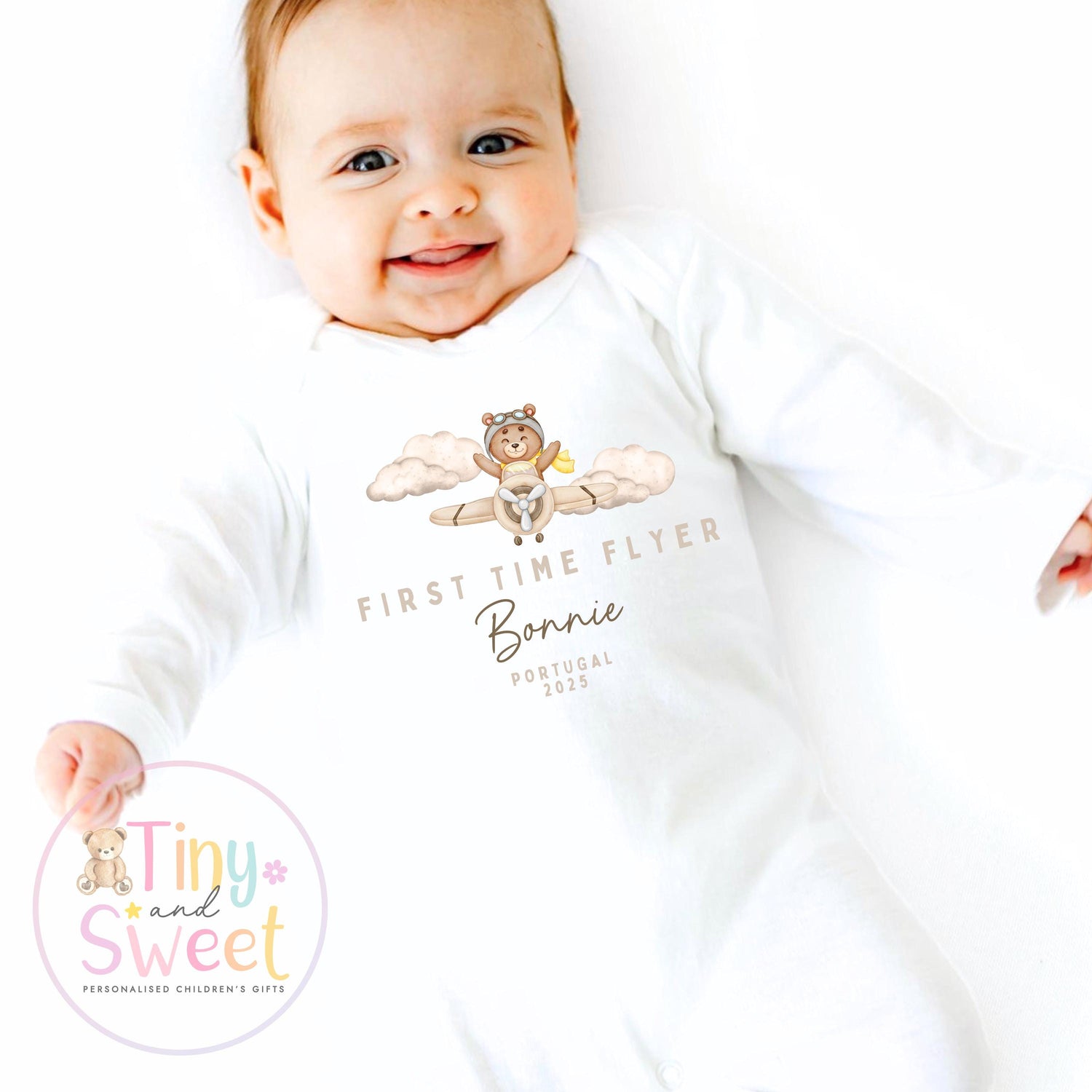 Personalised My First Flight Sleepsuit, First Time Flyer Bodysuit, 1st Holiday Babygrow, Babies First Holiday, First Time Flyer