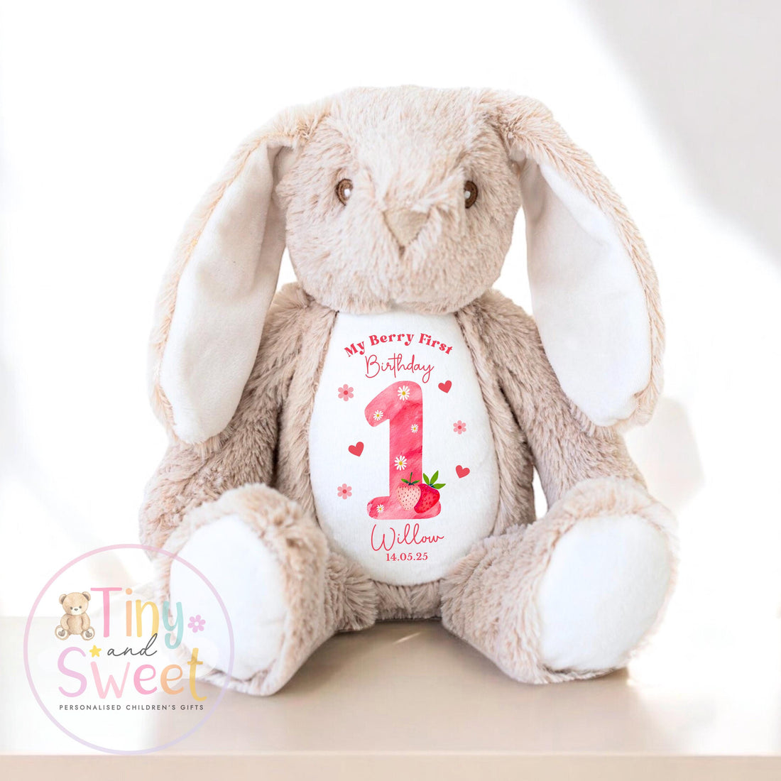 Personalised Berry First Birthday Bunny, Strawberry First Birthday Bunny, Personalised Soft Toy, Berry 1st, First Birthday Gift for Baby