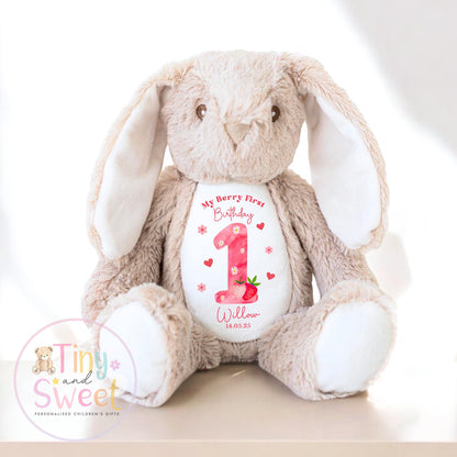 Personalised Berry First Birthday Bunny, Strawberry First Birthday Bunny, Personalised Soft Toy, Berry 1st, First Birthday Gift for Baby