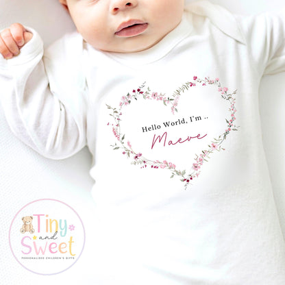 Personalised Hello World Baby Sleepsuit, Newborn Coming Home Outfit, Baby Name Reveal Sleepsuit, Baby Name &amp; Birth Announcement