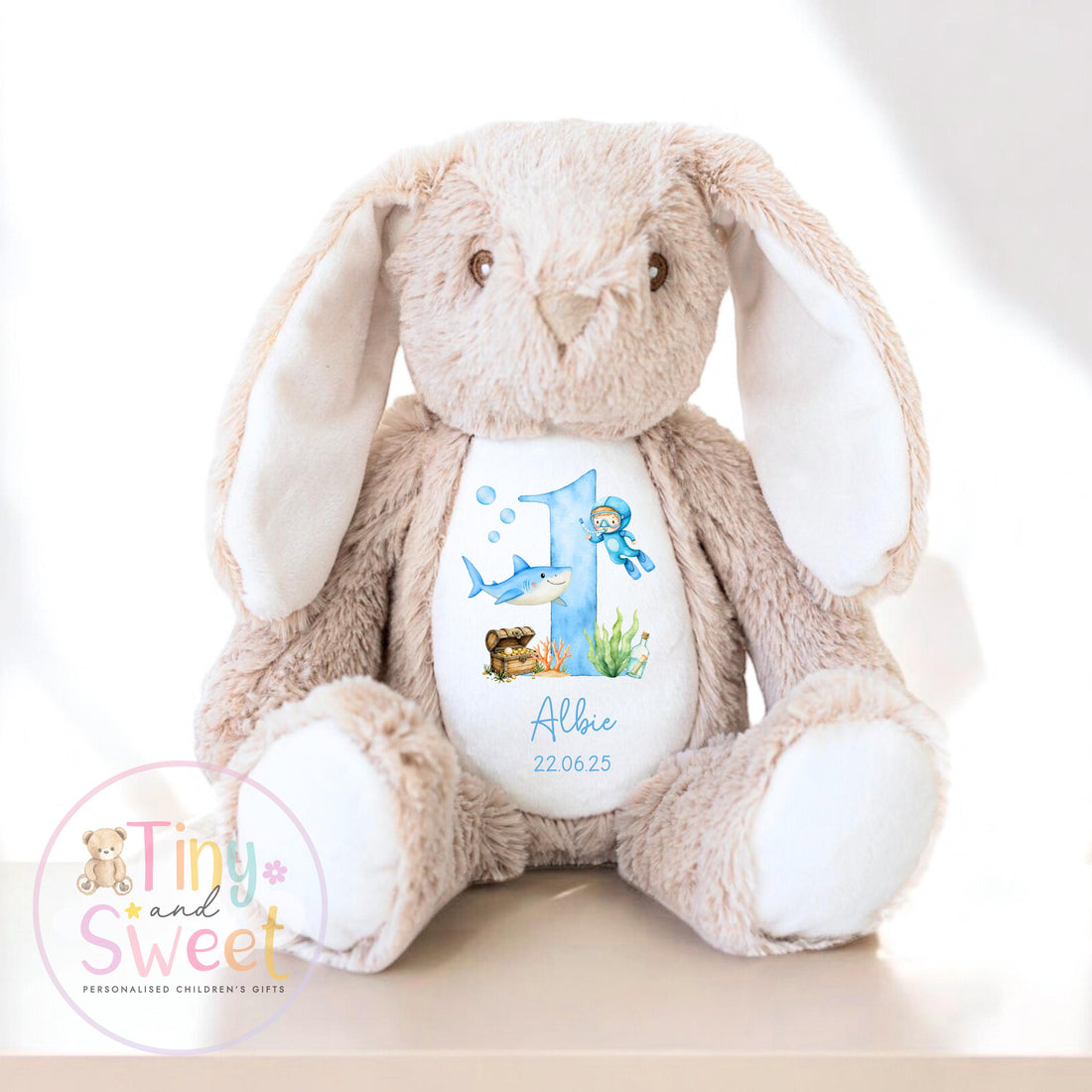 Personalised Birthday Bunny, 1st Birthday Gift Under The sea, Boy Teddy, 2nd Baby Girl Birthday Present, Personalised 3rd Birthday Soft Toy
