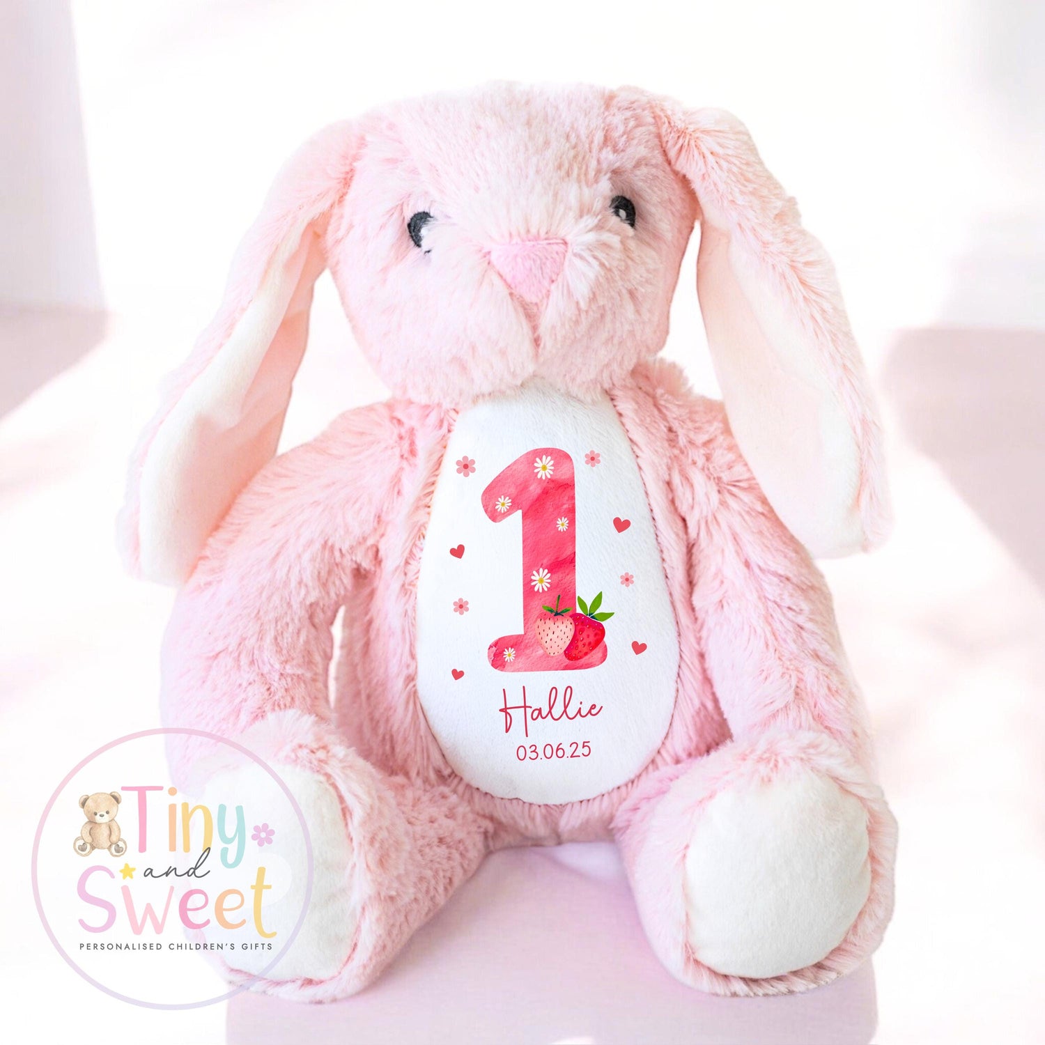 Personalised Birthday Bunny, 1st Birthday Gift Strawberry, Berry Teddy, 2nd Baby Girl Birthday Present, Personalised 3rd Birthday Soft Toy
