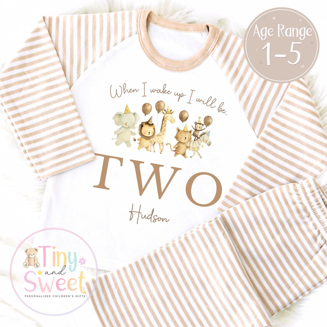 Safari Birthday Pyjamas – “When I Wake Up I’ll Be…” Personalised Kids Birthday PJs – Jungle Animal Sleepwear – 1st 2nd 3rd Birthday Outfit