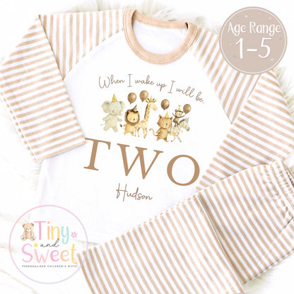 Safari Birthday Pyjamas – “When I Wake Up I’ll Be…” Personalised Kids Birthday PJs – Jungle Animal Sleepwear – 1st 2nd 3rd Birthday Outfit