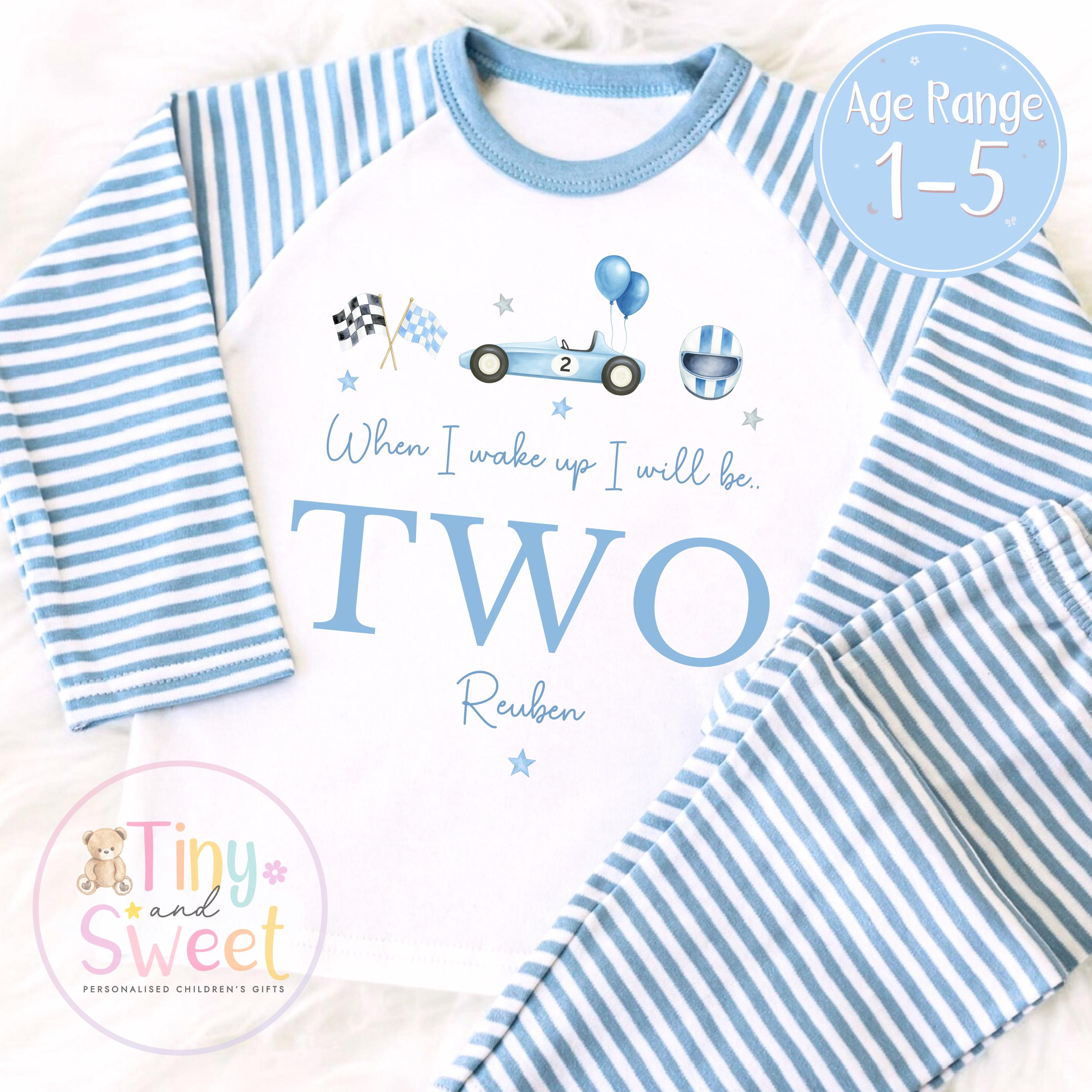 Personalised Racing Car Pyjamas, Blue Birthday Racing Pyjamas, When i wake up i&