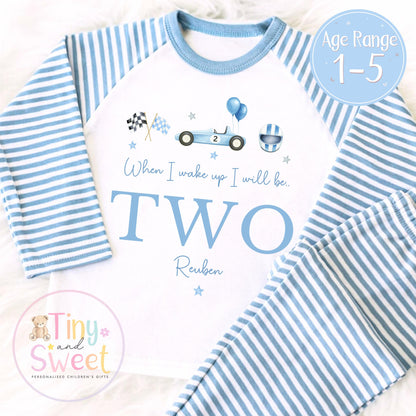 Personalised Racing Car Pyjamas, Blue Birthday Racing Pyjamas, When i wake up i&