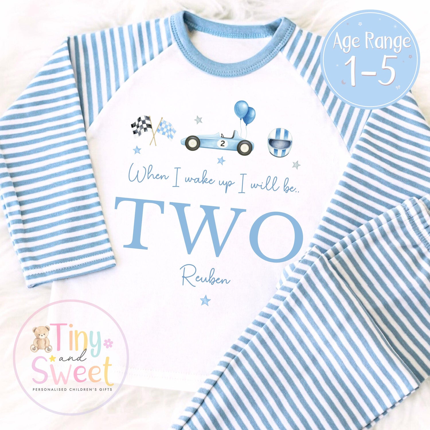 Personalised Racing Car Pyjamas, Blue Birthday Racing Pyjamas, When i wake up i&