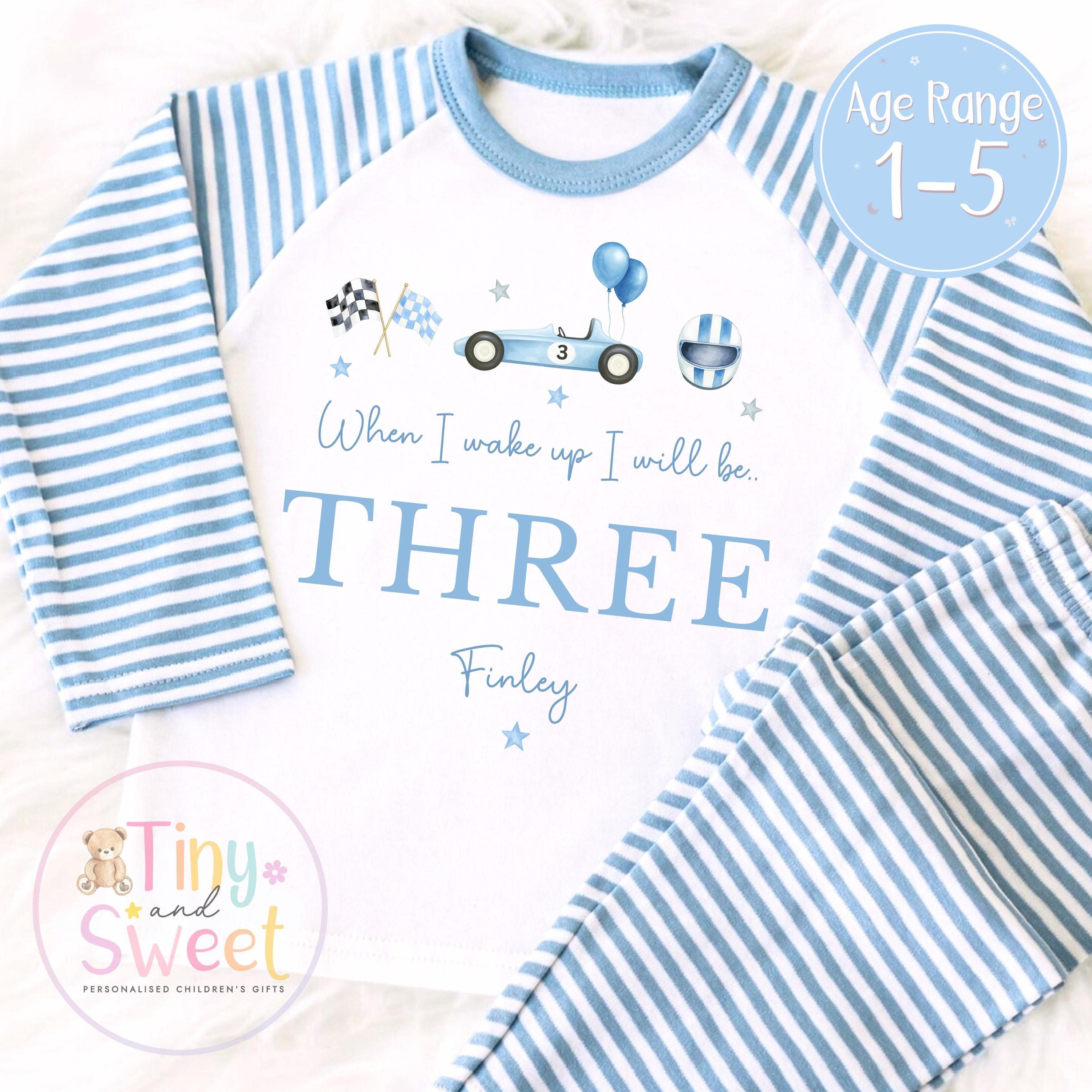 Personalised Racing Car Pyjamas, Blue Birthday Racing Pyjamas, When i wake up i&