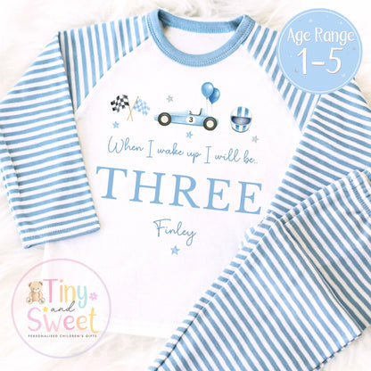 Personalised Racing Car Pyjamas, Blue Birthday Racing Pyjamas, When i wake up i&