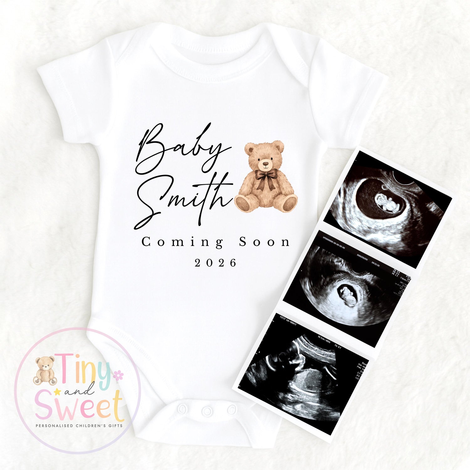 Personalised Baby Announcement Bodysuit: Pregnancy Reveal Outfit for Family, Custom Teddy Bear Coming Soon Vest
