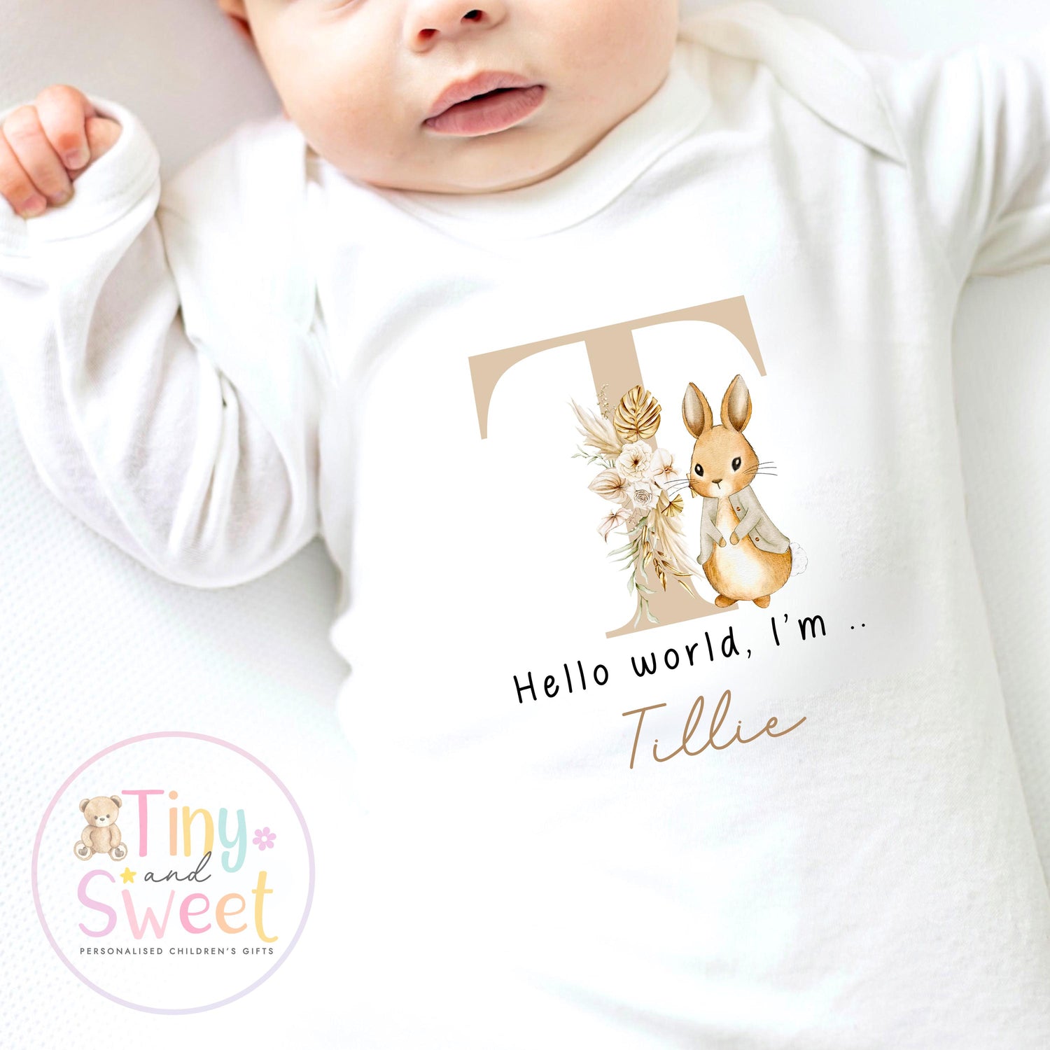Personalised Hello World Baby Sleepsuit, Newborn Coming Home Outfit, Baby Name Reveal Sleepsuit, Baby Name &amp; Birth Announcement