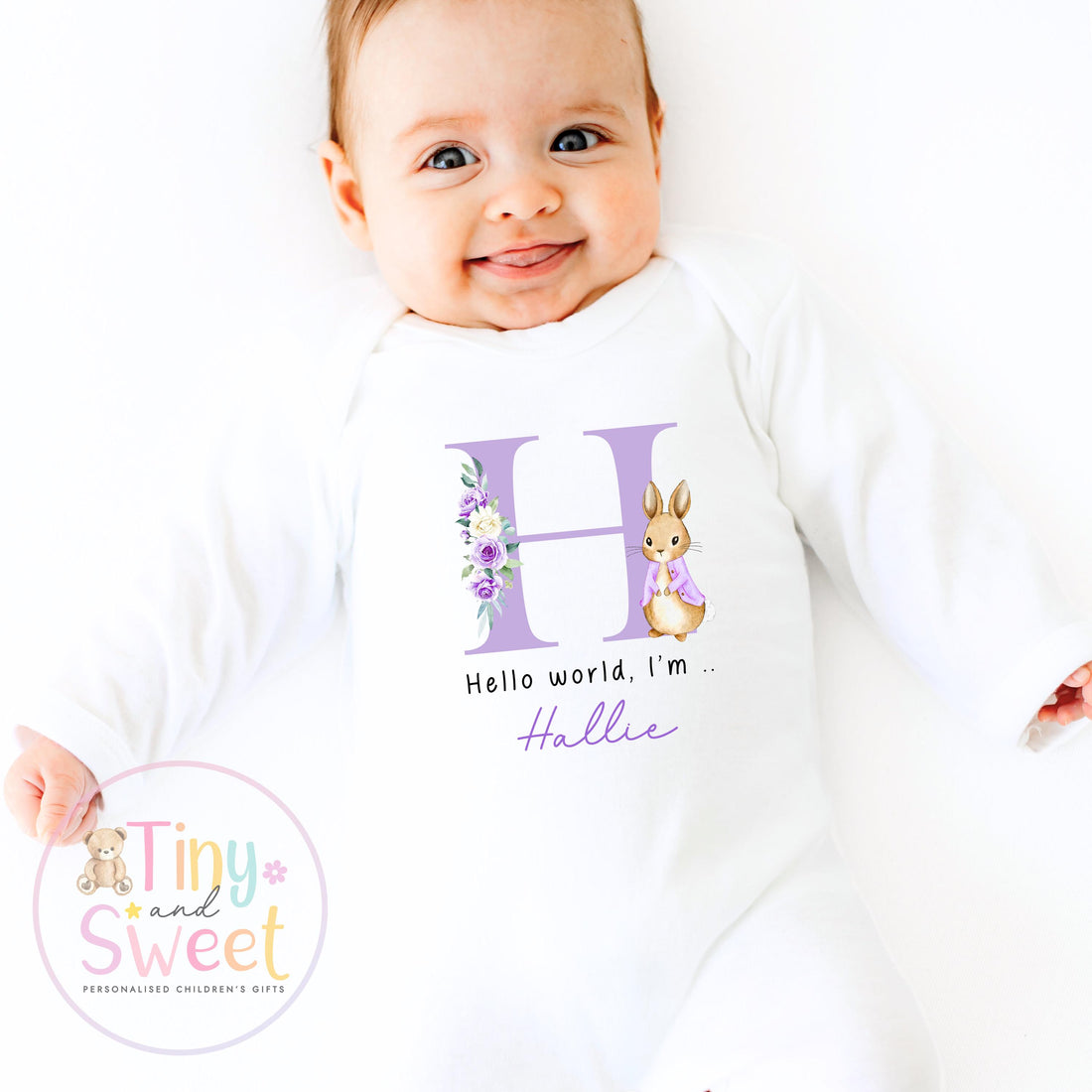 Personalised Hello World Baby Sleepsuit, Newborn Coming Home Outfit, Baby Name Reveal Sleepsuit, Baby Name &amp; Birth Announcement