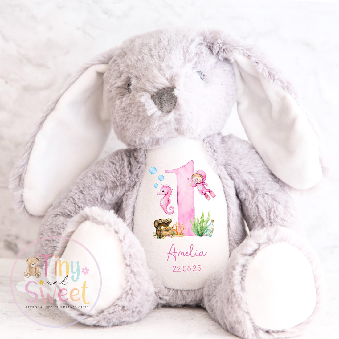 Personalised Birthday Bunny, 1st Birthday Gift Under The sea, Boy Teddy, 2nd Baby Girl Birthday Present, Personalised 3rd Birthday Soft Toy