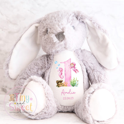 Personalised Birthday Bunny, 1st Birthday Gift Under The sea, Boy Teddy, 2nd Baby Girl Birthday Present, Personalised 3rd Birthday Soft Toy