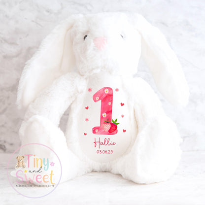 Personalised Birthday Bunny, 1st Birthday Gift Strawberry, Berry Teddy, 2nd Baby Girl Birthday Present, Personalised 3rd Birthday Soft Toy