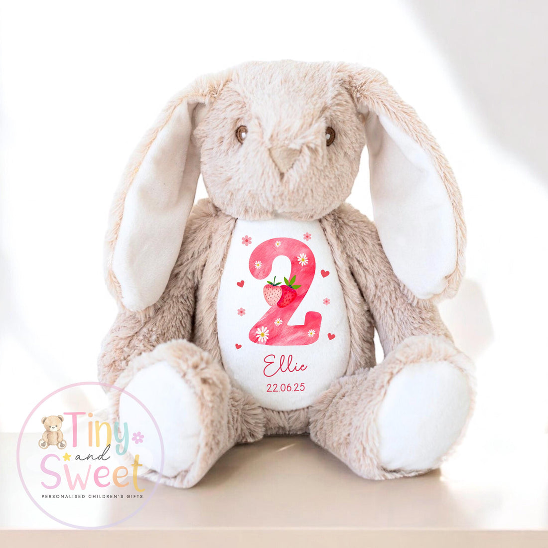 Personalised Birthday Bunny, 1st Birthday Gift Strawberry, Berry Teddy, 2nd Baby Girl Birthday Present, Personalised 3rd Birthday Soft Toy