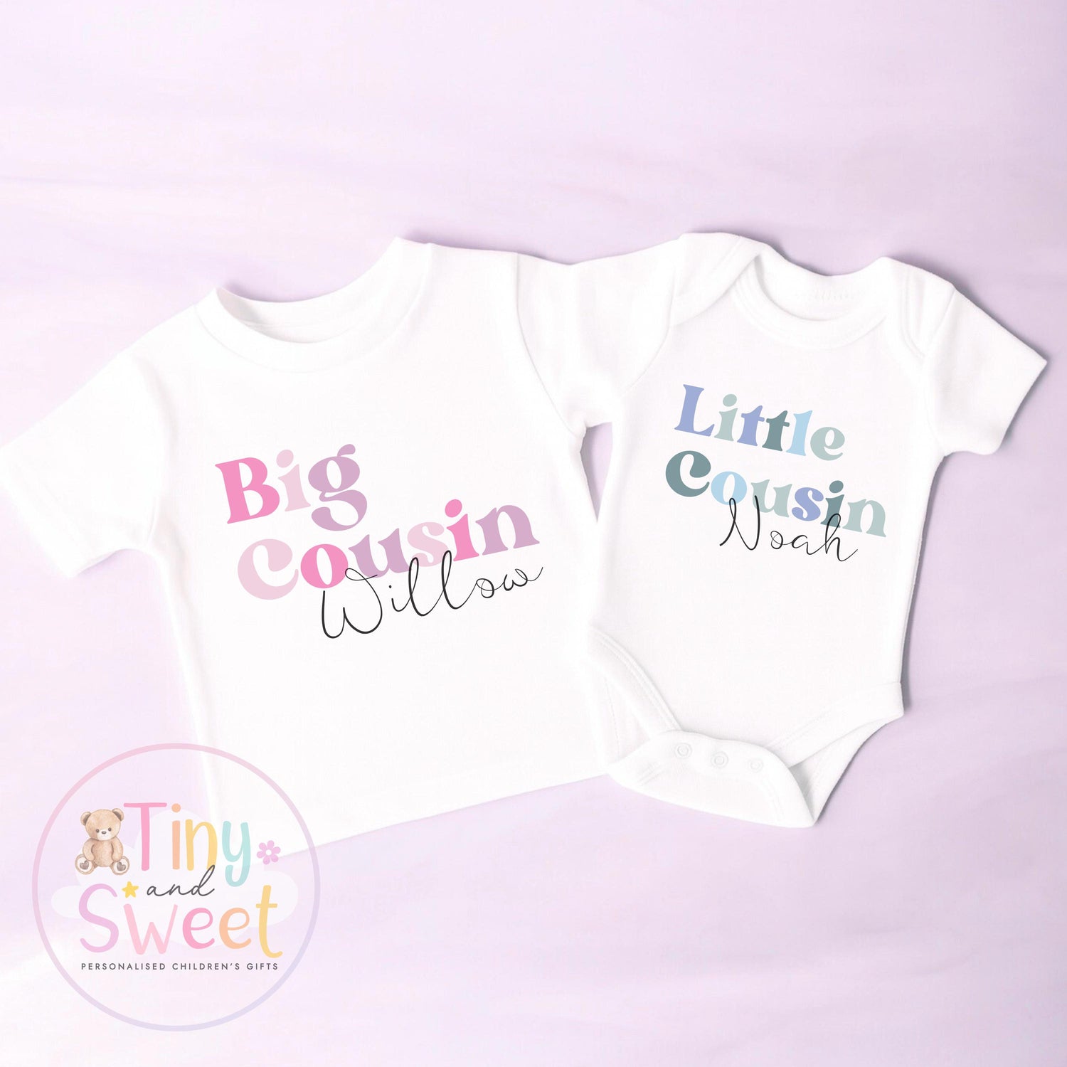 Personalised Pastel Big Cousin, Middle Cousin, Little Cousin, T-Shirts for Kids - Pregnancy Announcement Gift &amp; New Family Member Reveal