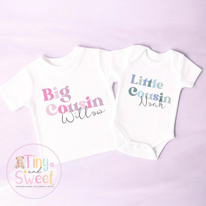 Personalised Pastel Big Cousin, Middle Cousin, Little Cousin, T-Shirts for Kids - Pregnancy Announcement Gift &amp; New Family Member Reveal