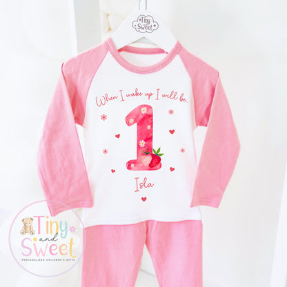 Personalised Strawberry Birthday Pyjamas- When I wake up i will be, Berry first toddler pjs