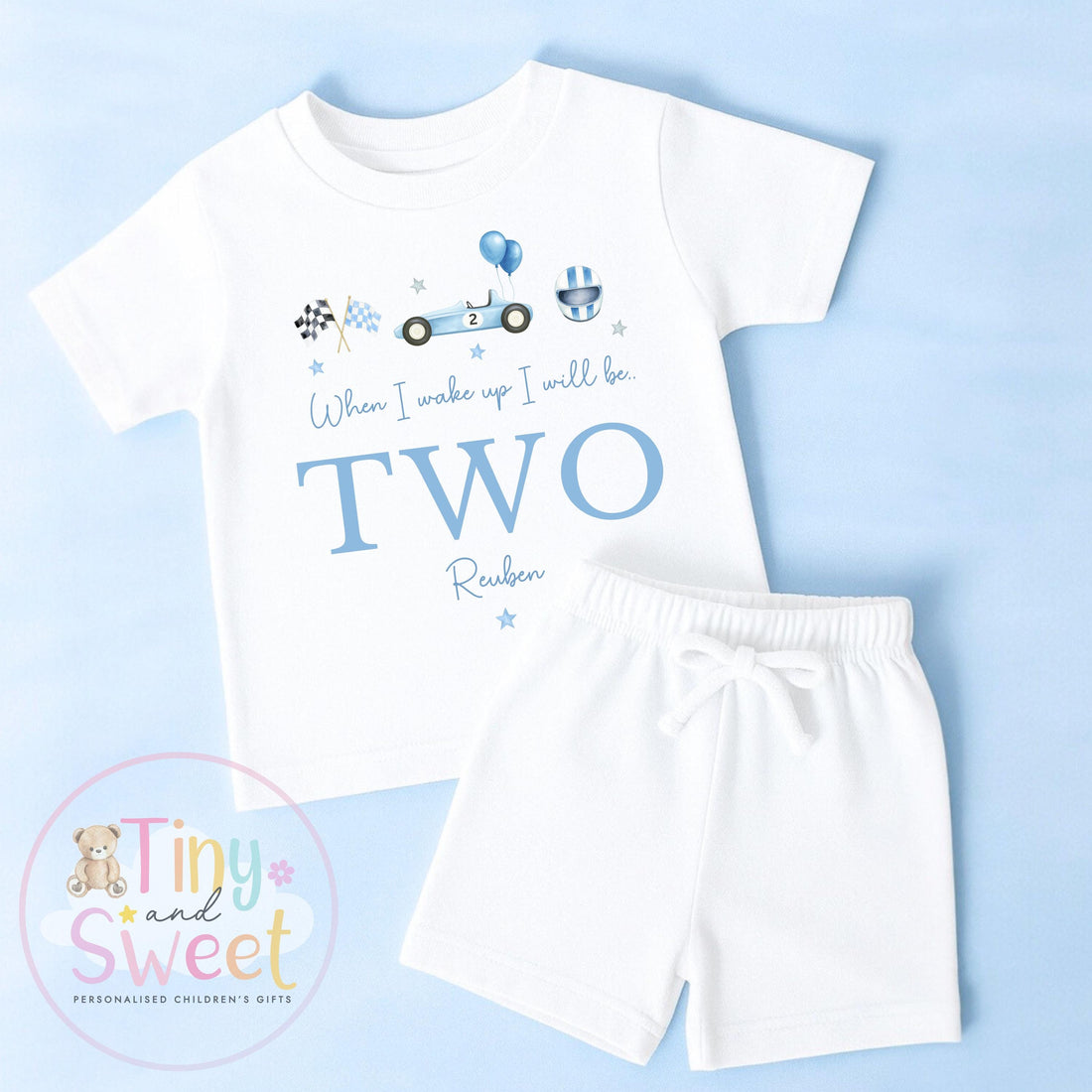 Personalised Racing Car Pyjamas, Blue Birthday Racing Pyjamas, When i wake up i&