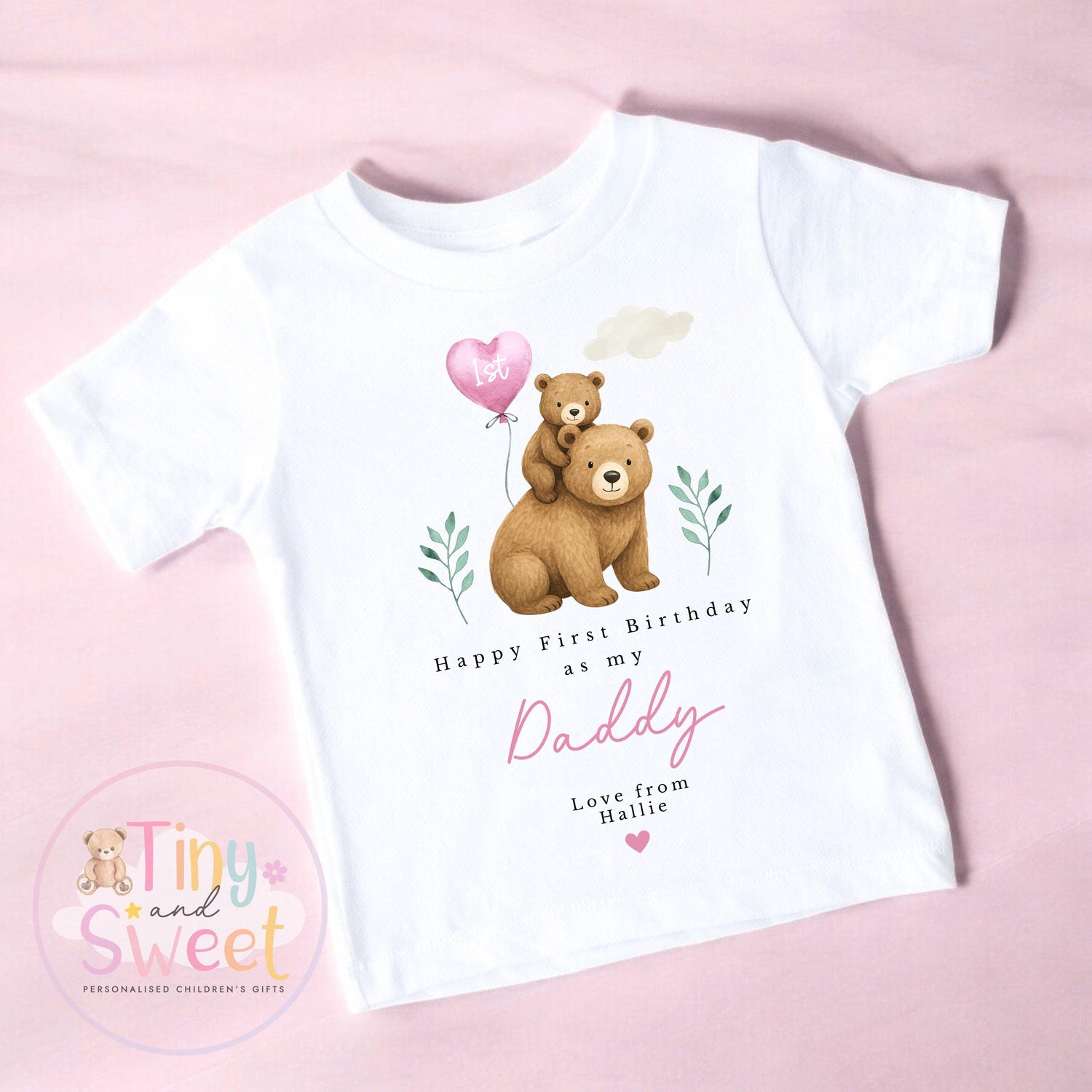 Happy Birthday Daddy Bear and Cub Pink Personalised T-Shirt Pink T Shirt 0-3months