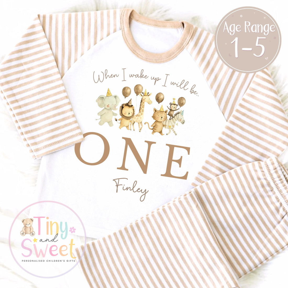 Safari Birthday Pyjamas – “When I Wake Up I’ll Be…” Personalised Kids Birthday PJs – Jungle Animal Sleepwear – 1st 2nd 3rd Birthday Outfit