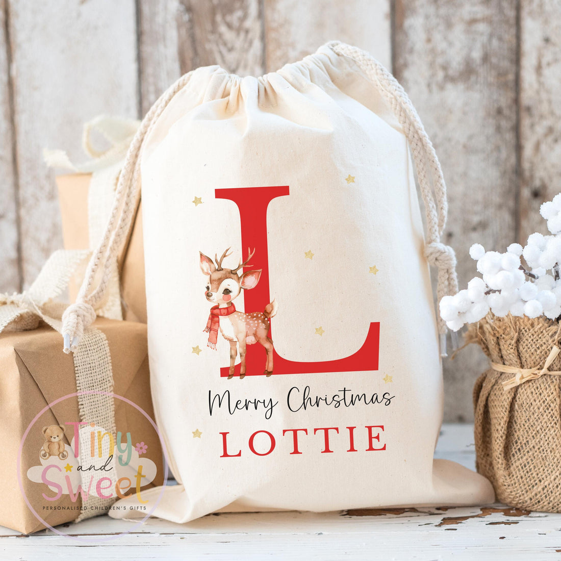 Red Reindeer Initial Personalised Christmas Sack