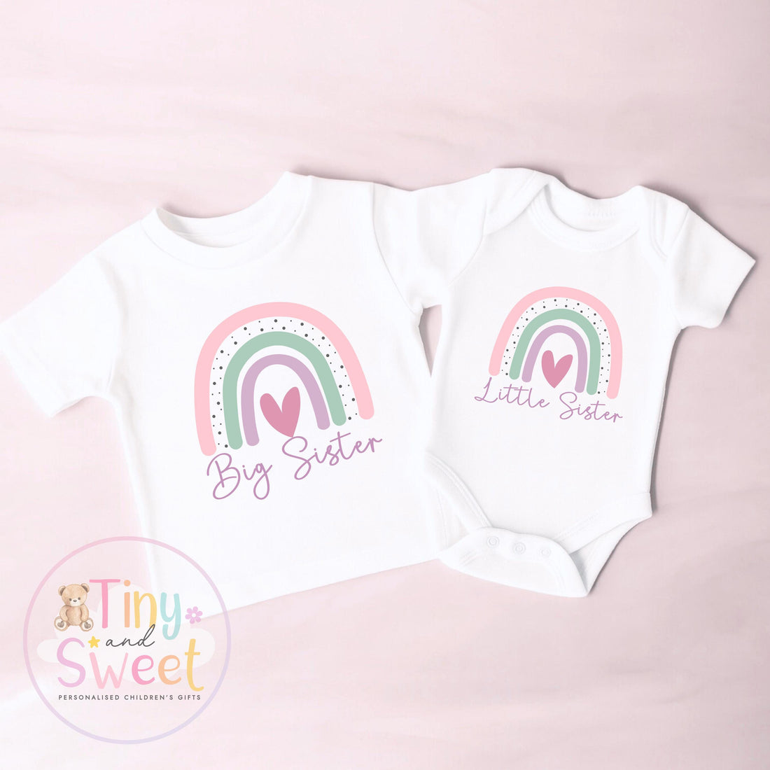 Adorable Little/Big Sister Sleepsuit T Shirt: Pink Rainbow Design for Newborn Baby Announcement &amp; Sibling Gift